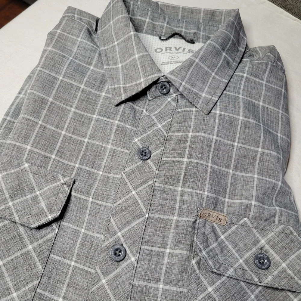 Orvis‎ Mens XL Grey Plaid Short Sleeve Fishing Shirt Classic Collection Tech